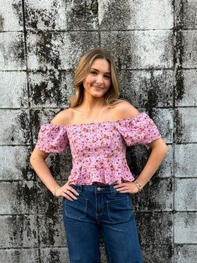 Off-Shoulder Pink Floral Peplum Top